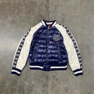 Moncler Kids Giordas bomber Jacket Navy White Logo Tape Bomber Size 8
